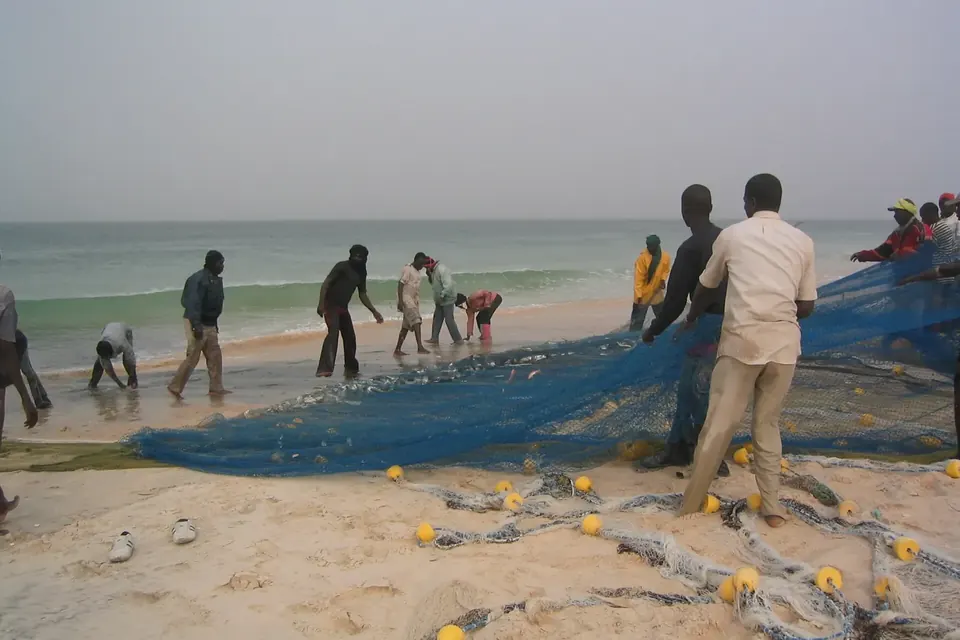 Pêcheurs tirant un filet depuis la plage de Nouakchott, avec des pirogues en arrière-plan